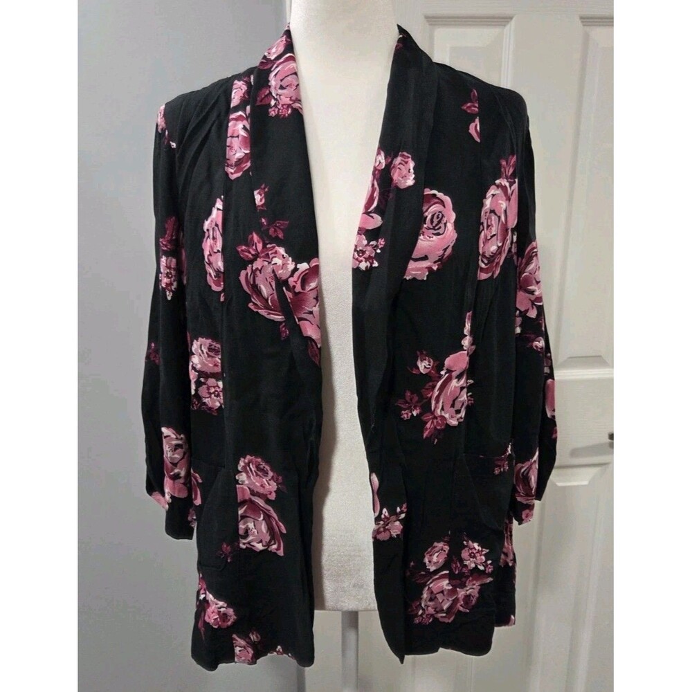 Xhilaration Black Floral Draped Collar Shawl Cardigan Womens Size Large